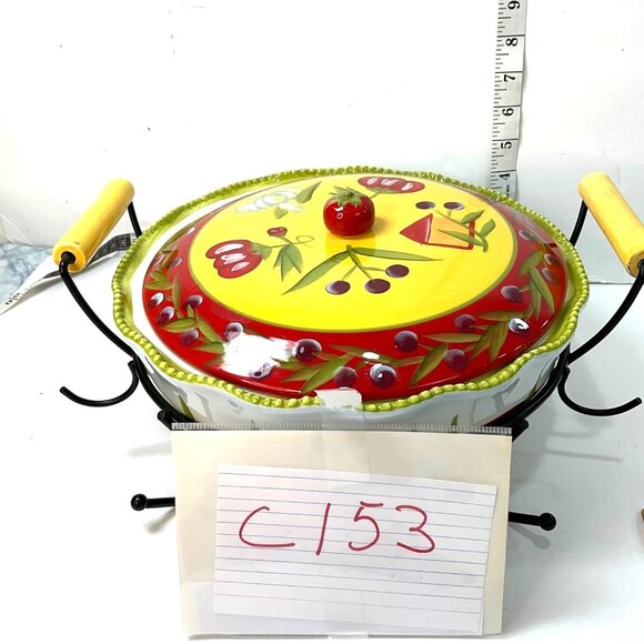 Temp-Tations Hand-Painted Ceramic Casserole Dish W/ Lid & Metal Holder 3 Qt C153 - Picture 10 of 10